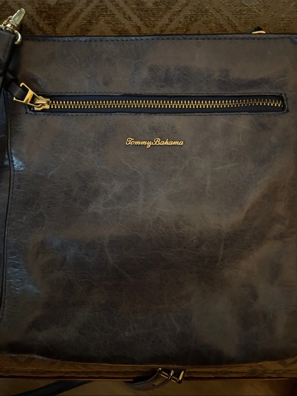 Tommy Bahama Black Leather Messenger Bag with Gold Hardware